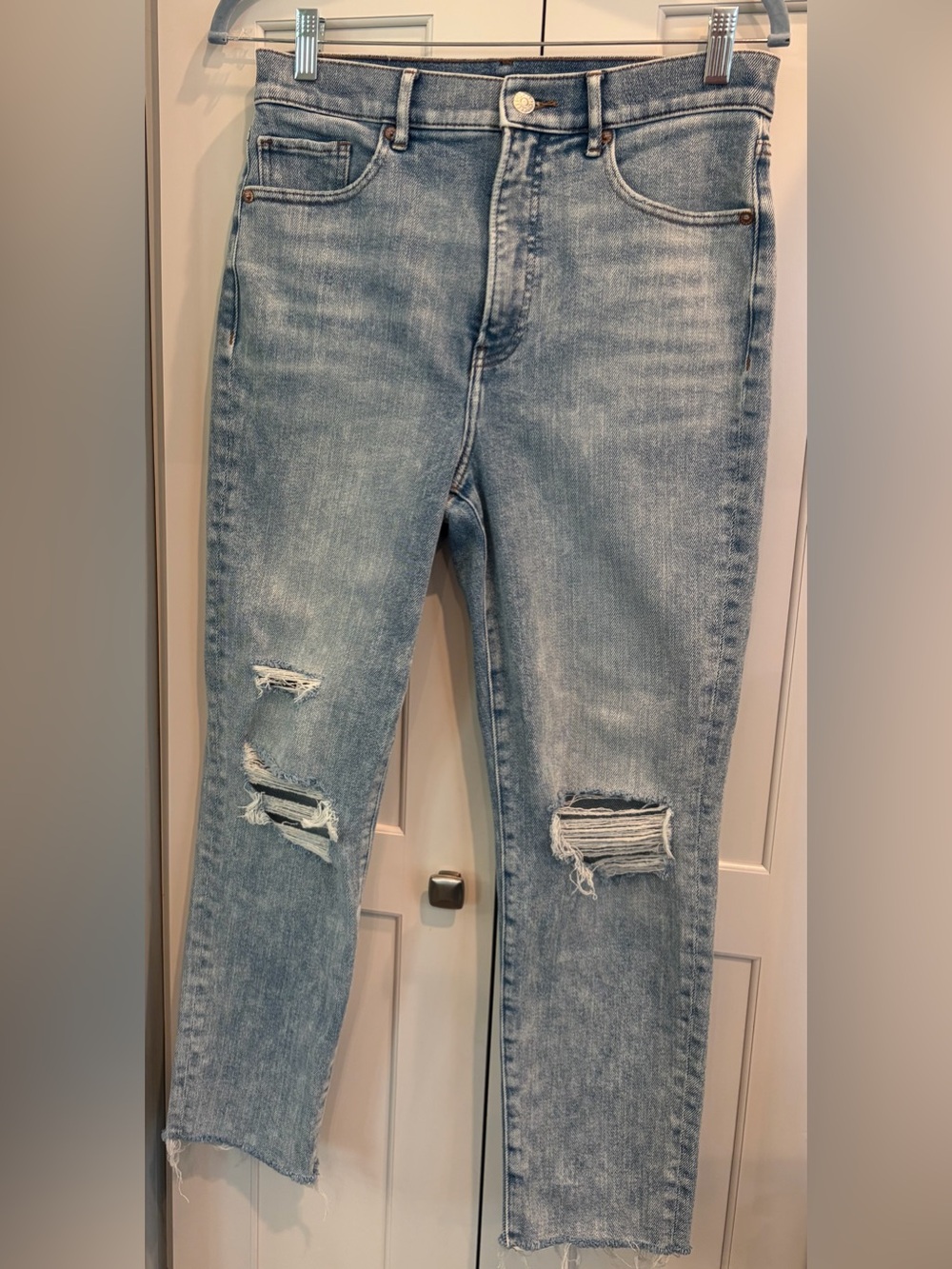 Express women’s Super High Waisted Ripped Raw Hem Mom Jeans